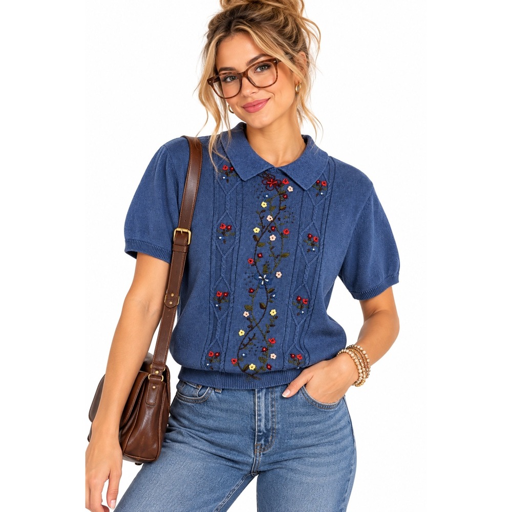 Ms Lee Vintage Blue Floral Embroidered Beaded Knit Polo Sweater Grandmacore 2X